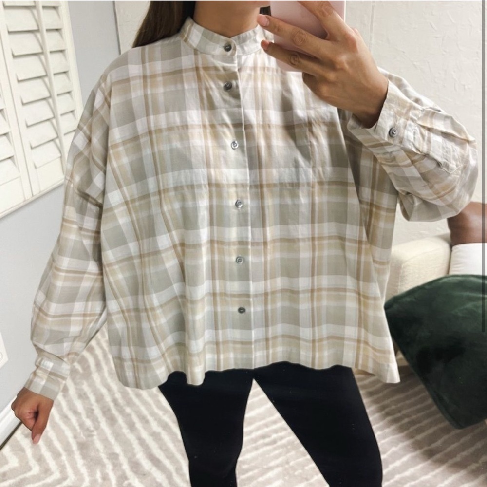 Eskandar Womens Size 0 Blouse Brown Gray Plaid Flannel Long Sleeve Top Button